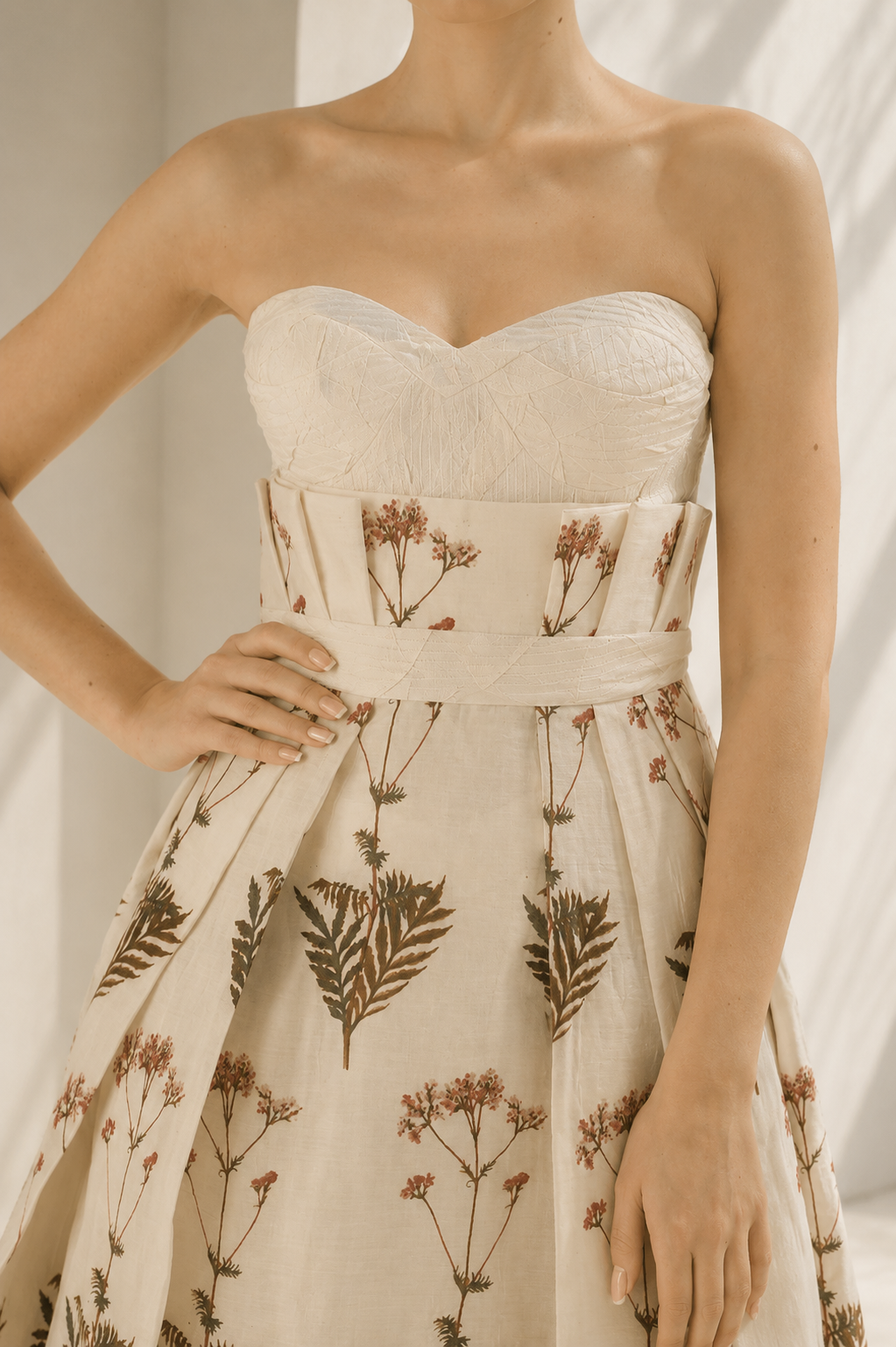 Ivory floral digital printed bustier gown