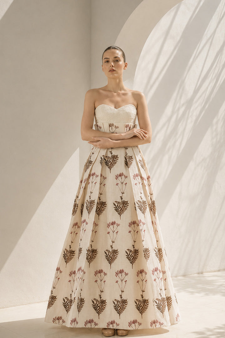 Ivory floral digital printed bustier gown