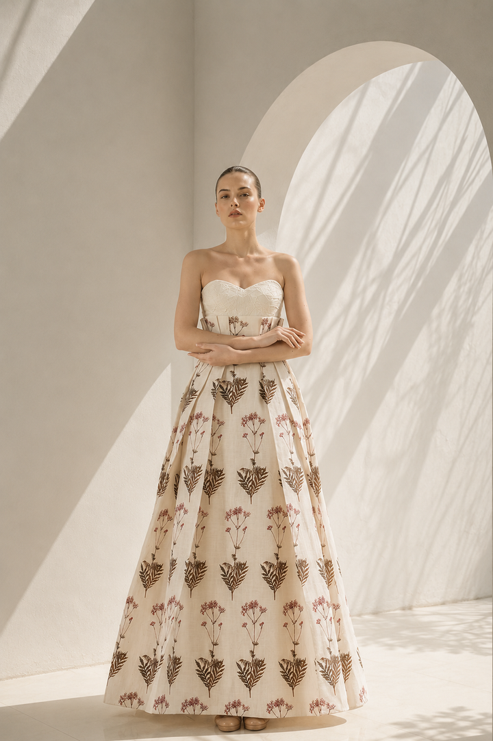 Ivory floral digital printed bustier gown