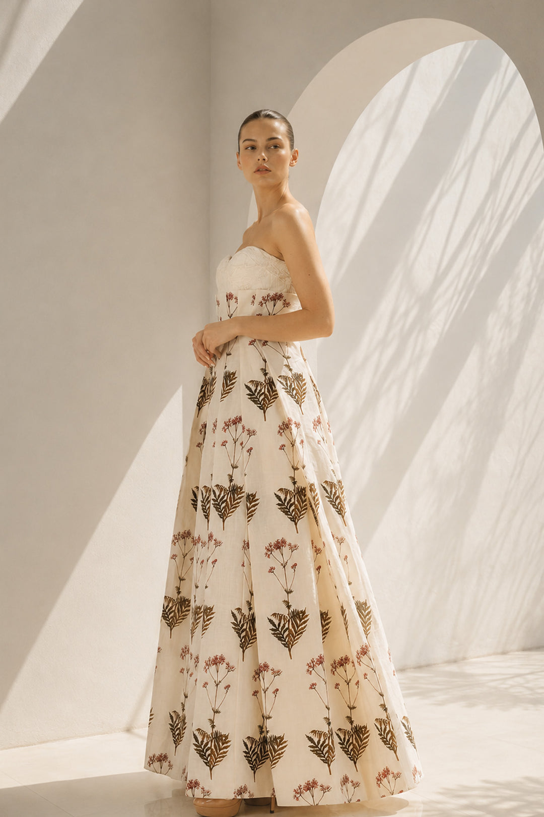 Ivory floral digital printed bustier gown