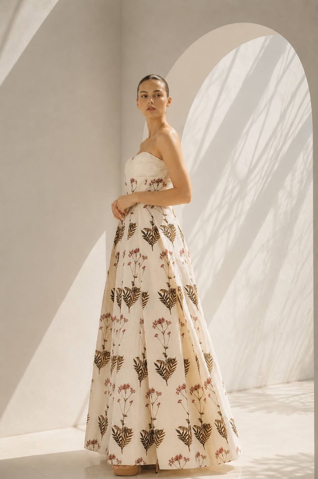 Ivory floral digital printed bustier gown