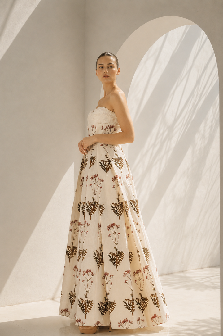 Ivory floral digital printed bustier gown