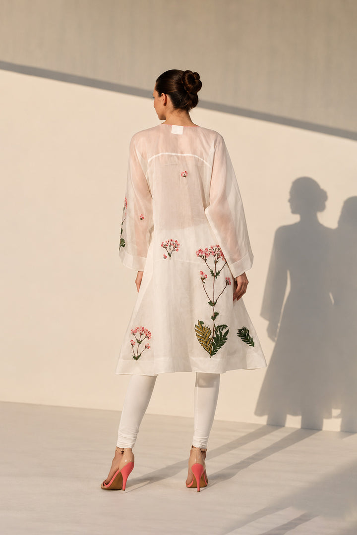 Ivory front-opening embroidered silk kurta