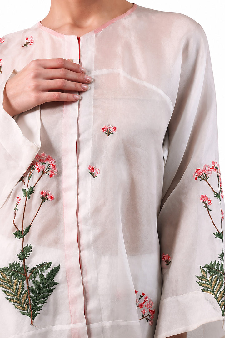 Ivory front-opening embroidered silk kurta
