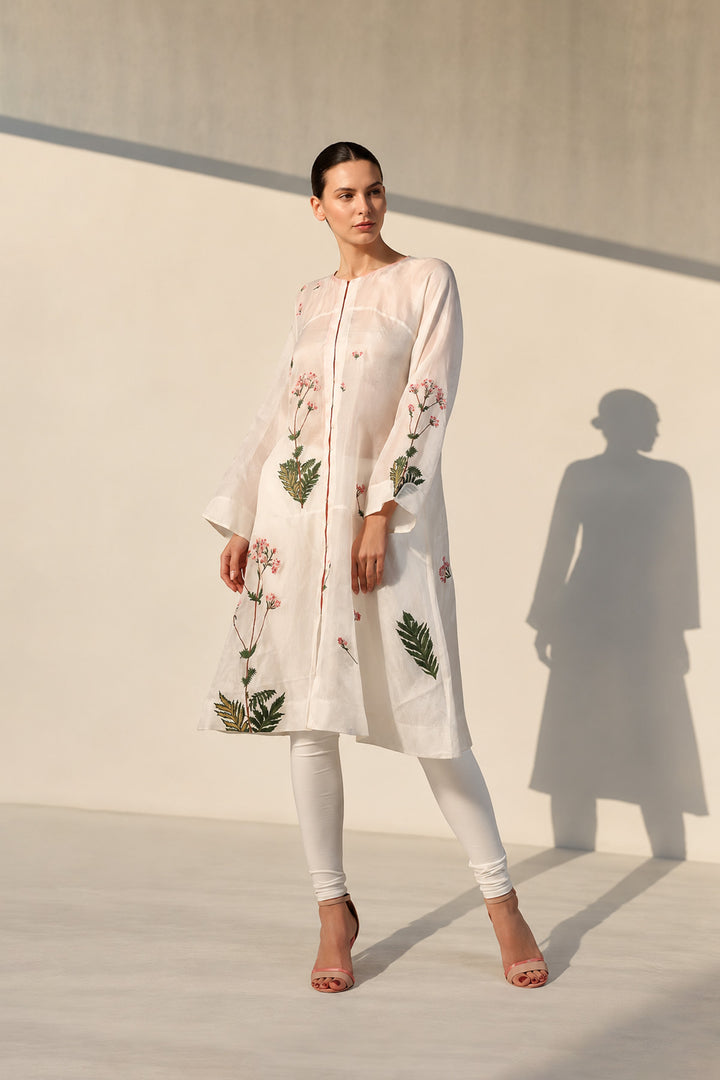 Ivory front-opening embroidered silk kurta