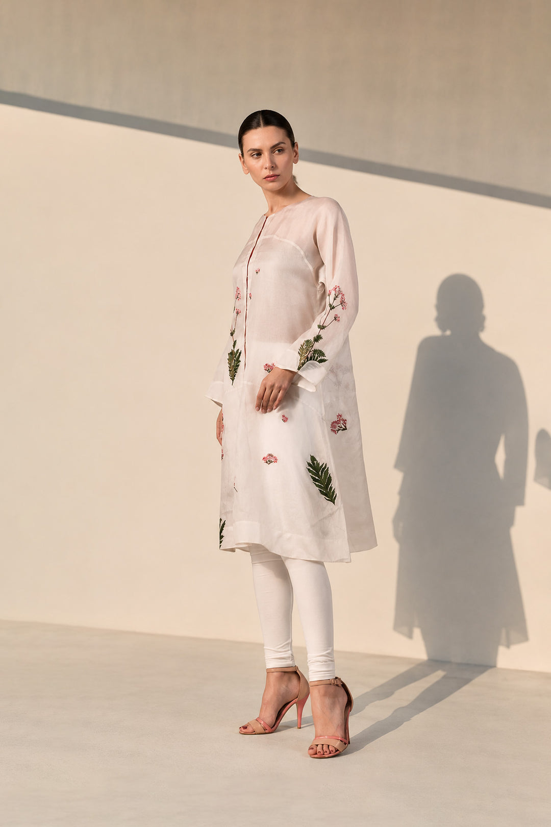 Ivory front-opening embroidered silk kurta