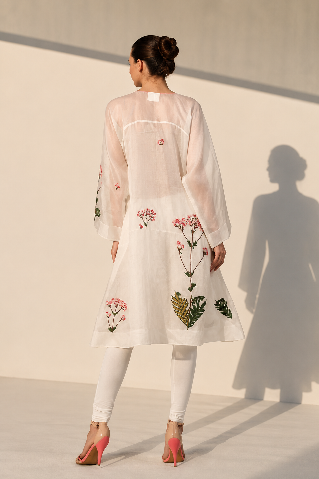 Ivory front-opening embroidered silk kurta