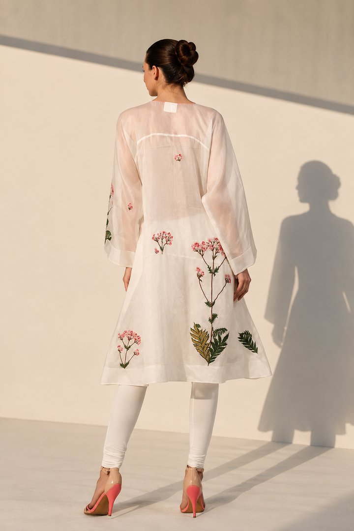 Ivory front-opening embroidered silk kurta