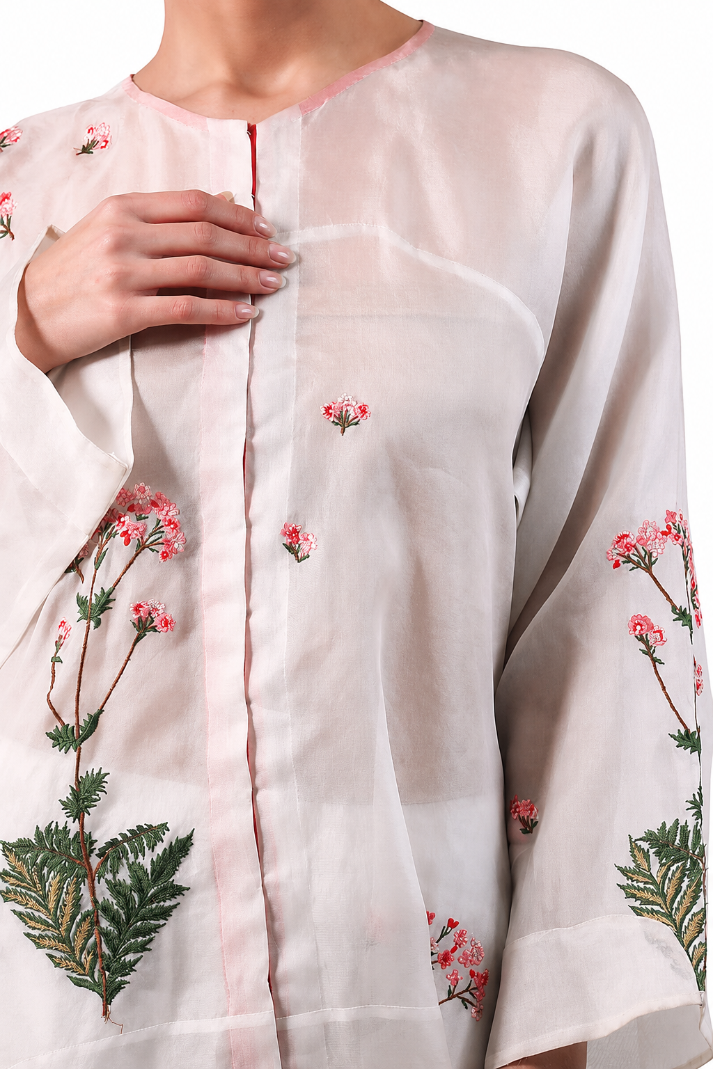 Ivory front-opening embroidered silk kurta