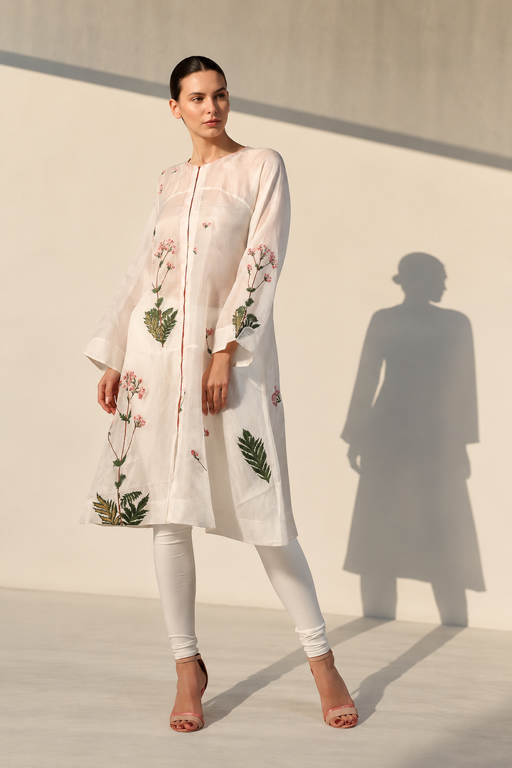 Ivory front-opening embroidered silk kurta