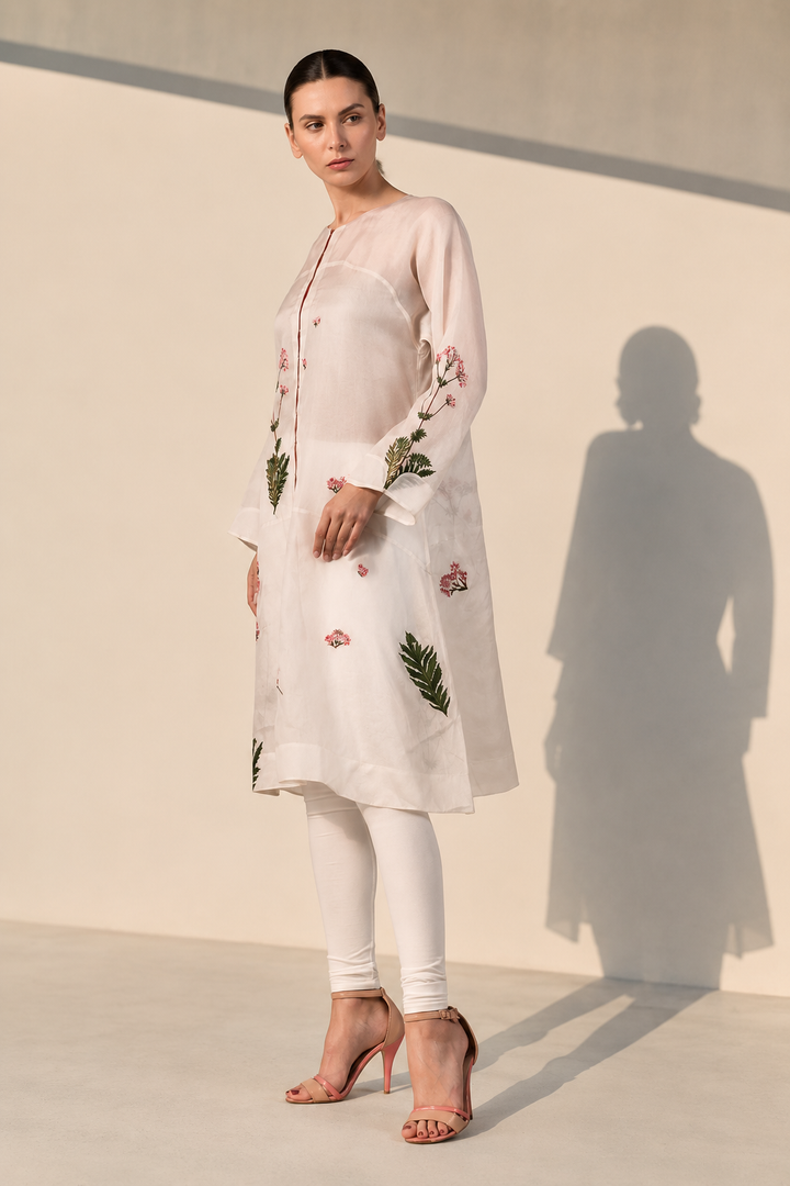 Ivory front-opening embroidered silk kurta