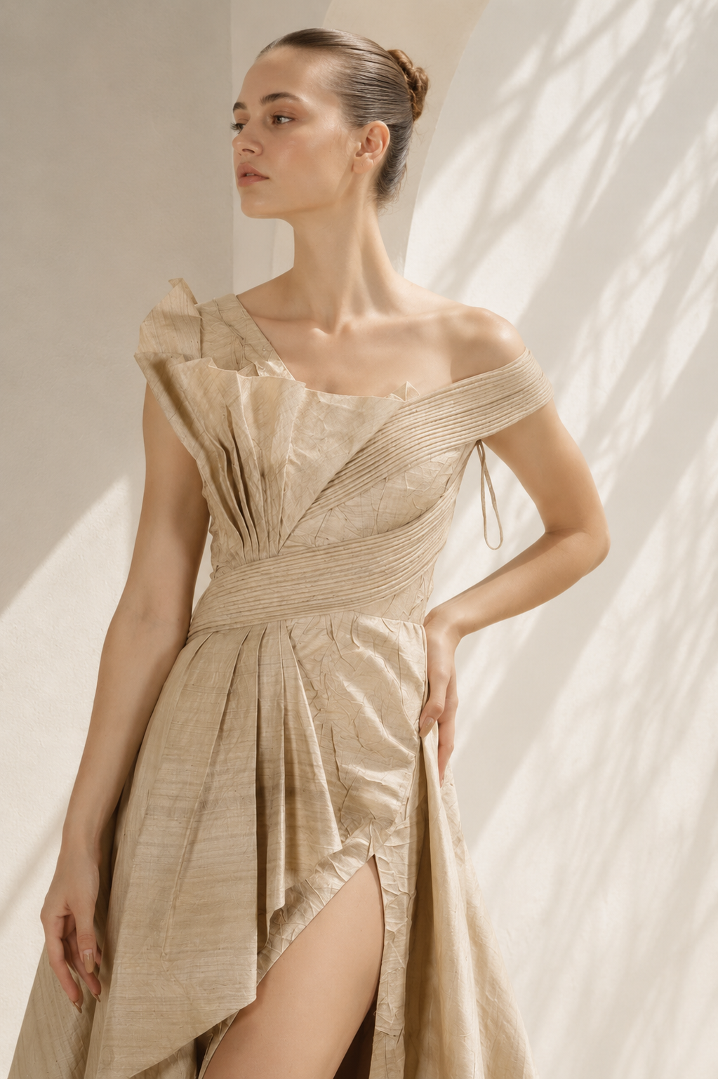 One-sided Pleated Texture Gown
