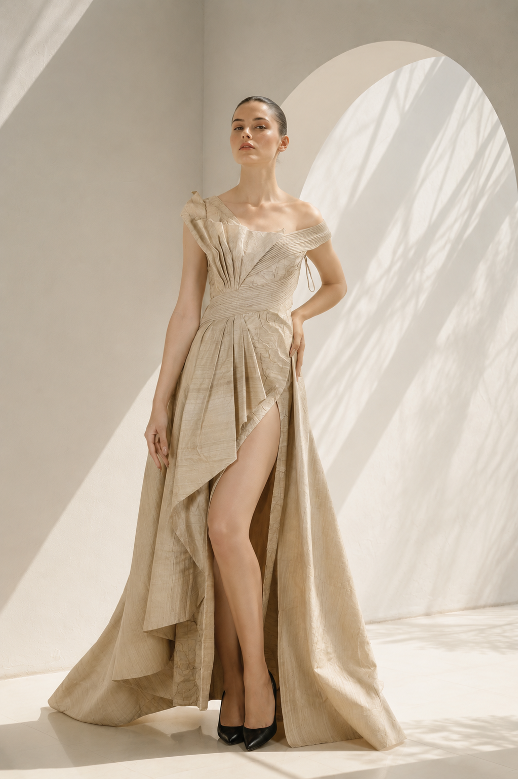 One-sided Pleated Texture Gown