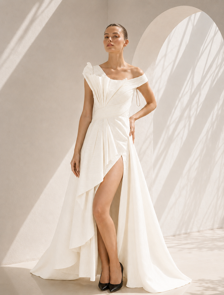 One-Sided Pleated Texture Gown