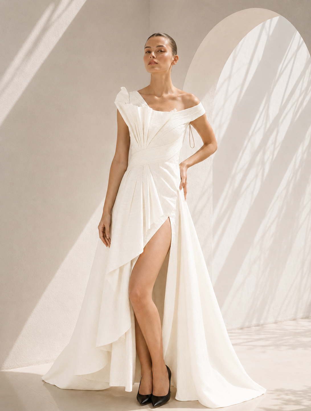 One-sided Pleated Texture Gown