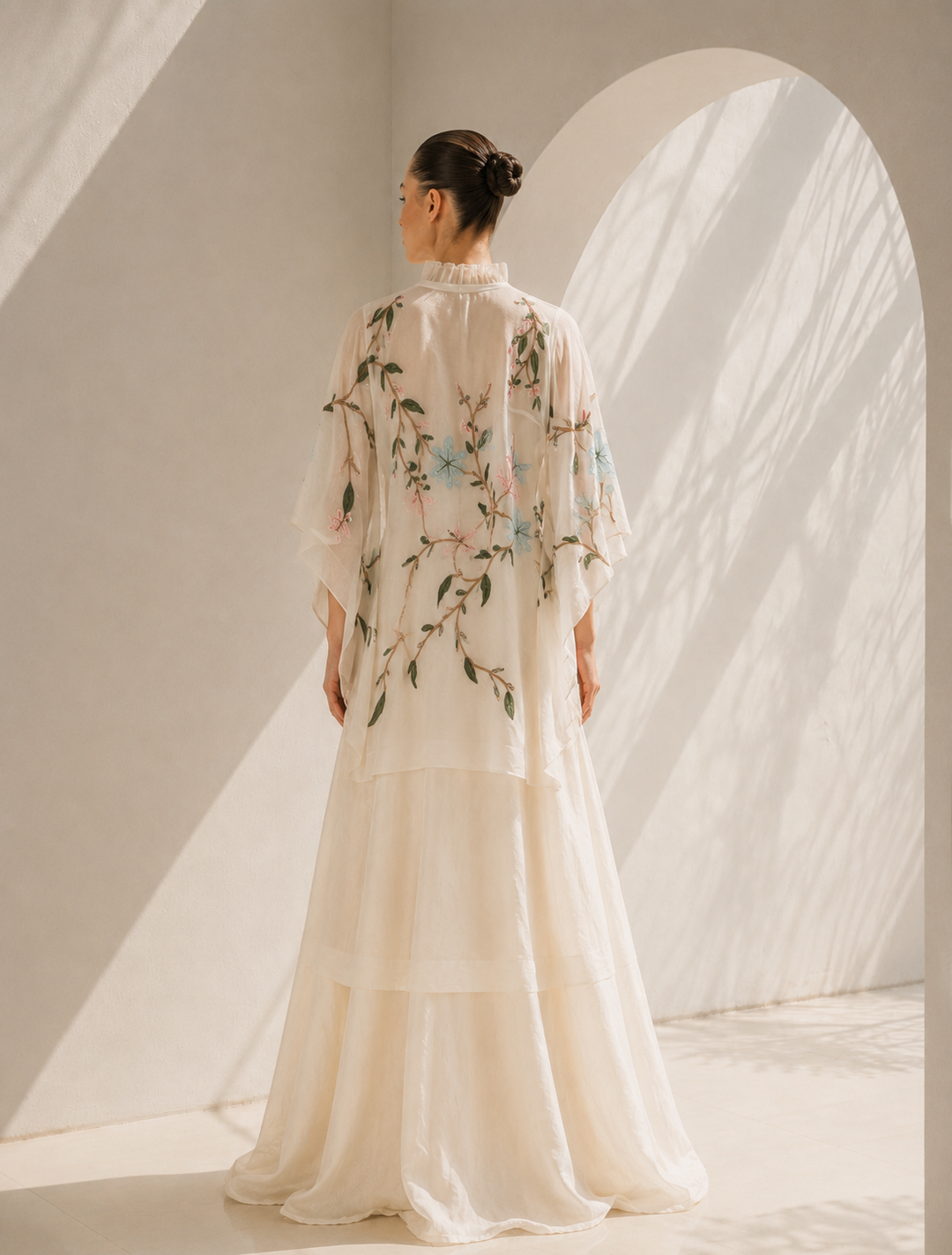 Ivory floral embroidered Cotton Silk kaftan