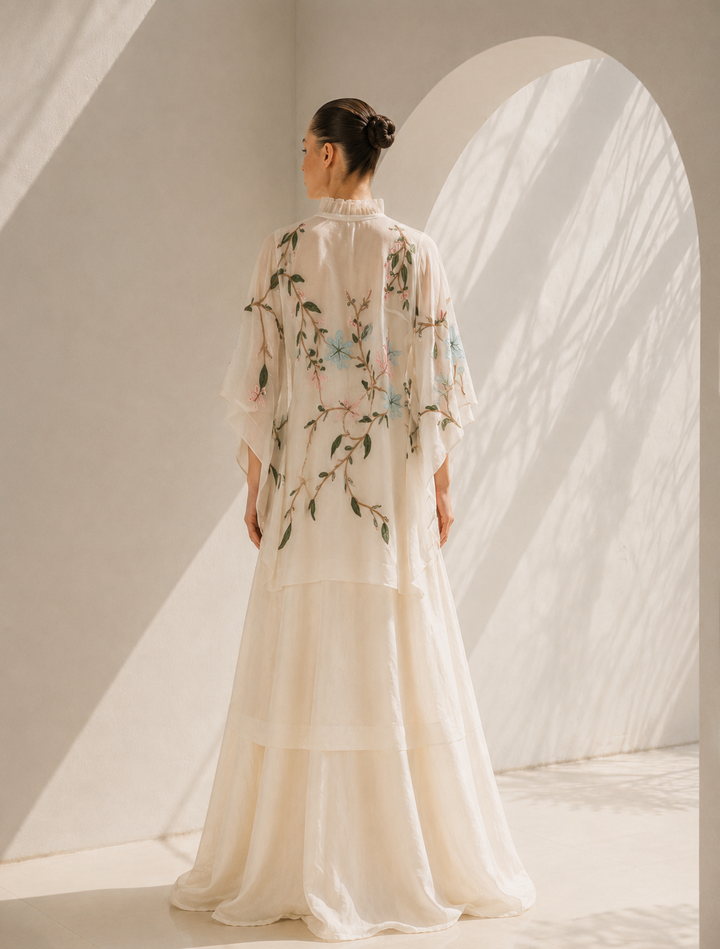 Ivory floral embroidered Cotton Silk kaftan