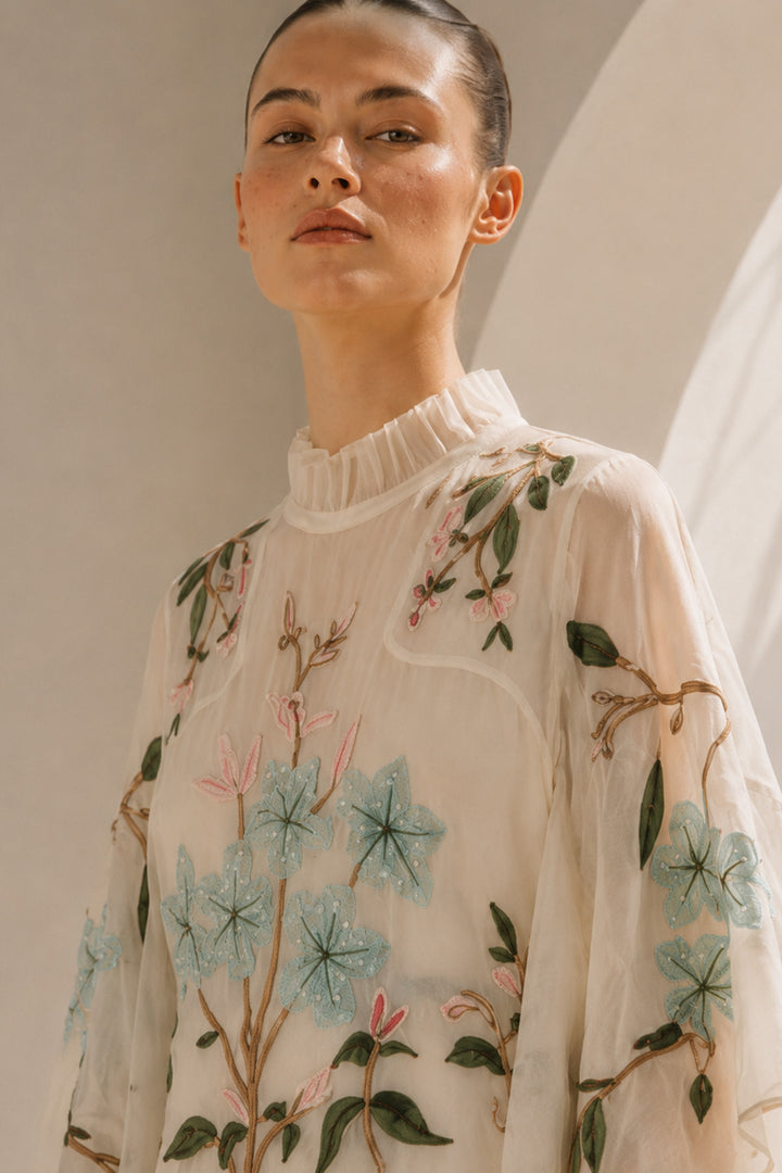 Ivory floral embroidered Cotton Silk kaftan