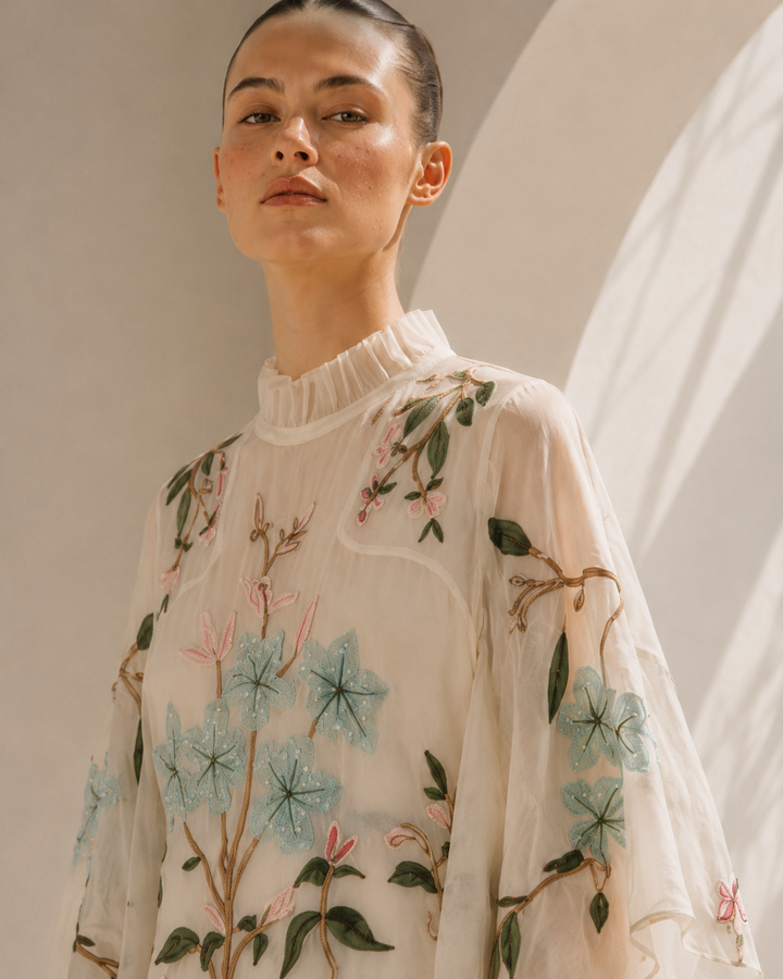 Ivory floral embroidered Cotton Silk kaftan