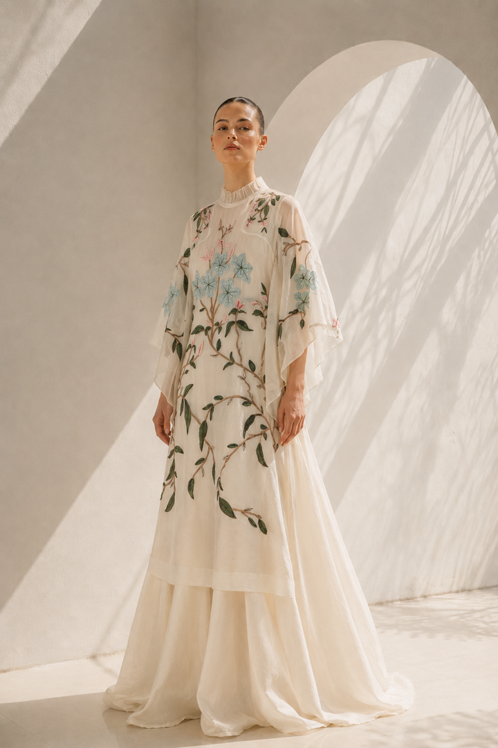 Ivory floral embroidered Cotton Silk kaftan