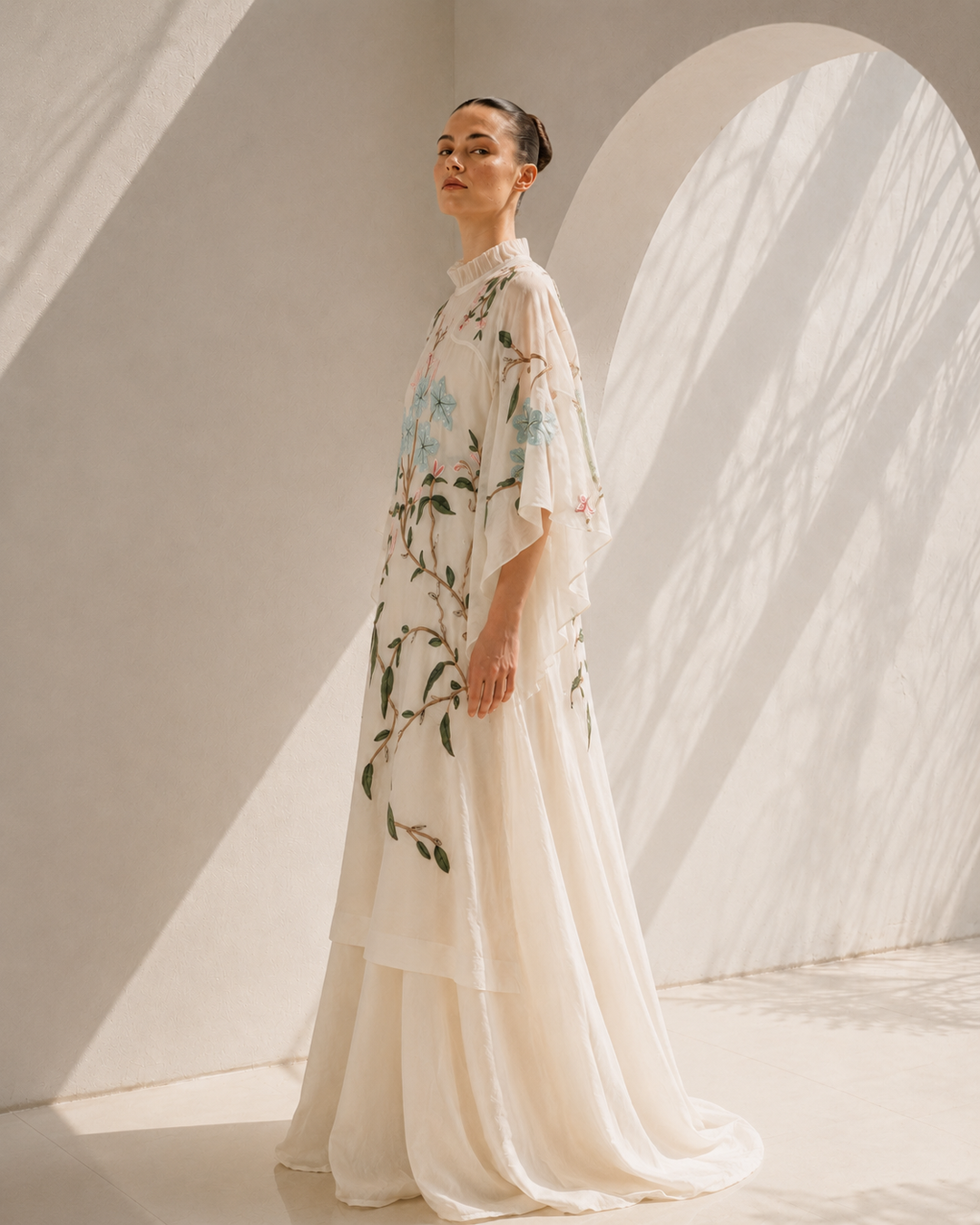 Ivory floral embroidered Cotton Silk kaftan