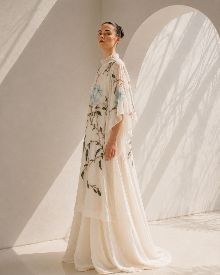Ivory floral embroidered Cotton Silk kaftan