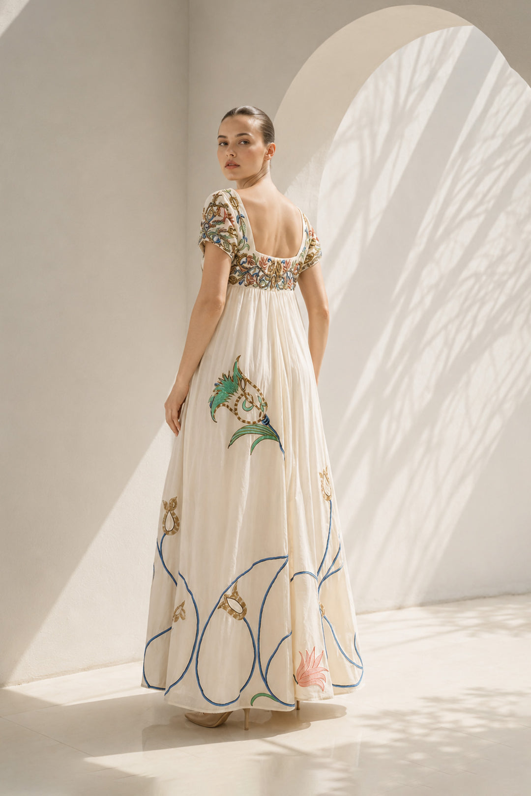 Ivory high-waisted embroidered empire gown