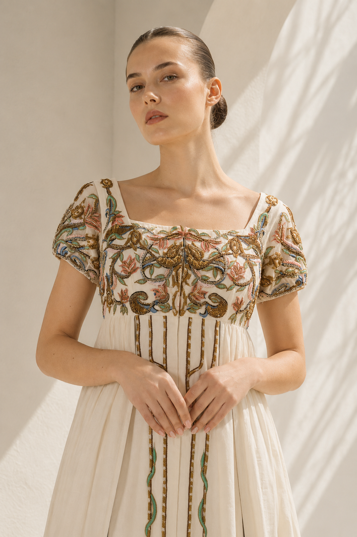 Ivory high-waisted embroidered empire gown