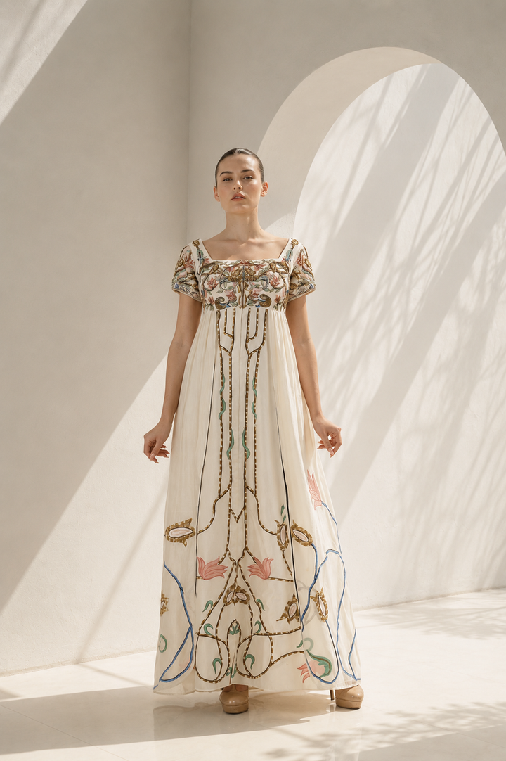 Ivory high-waisted embroidered empire gown