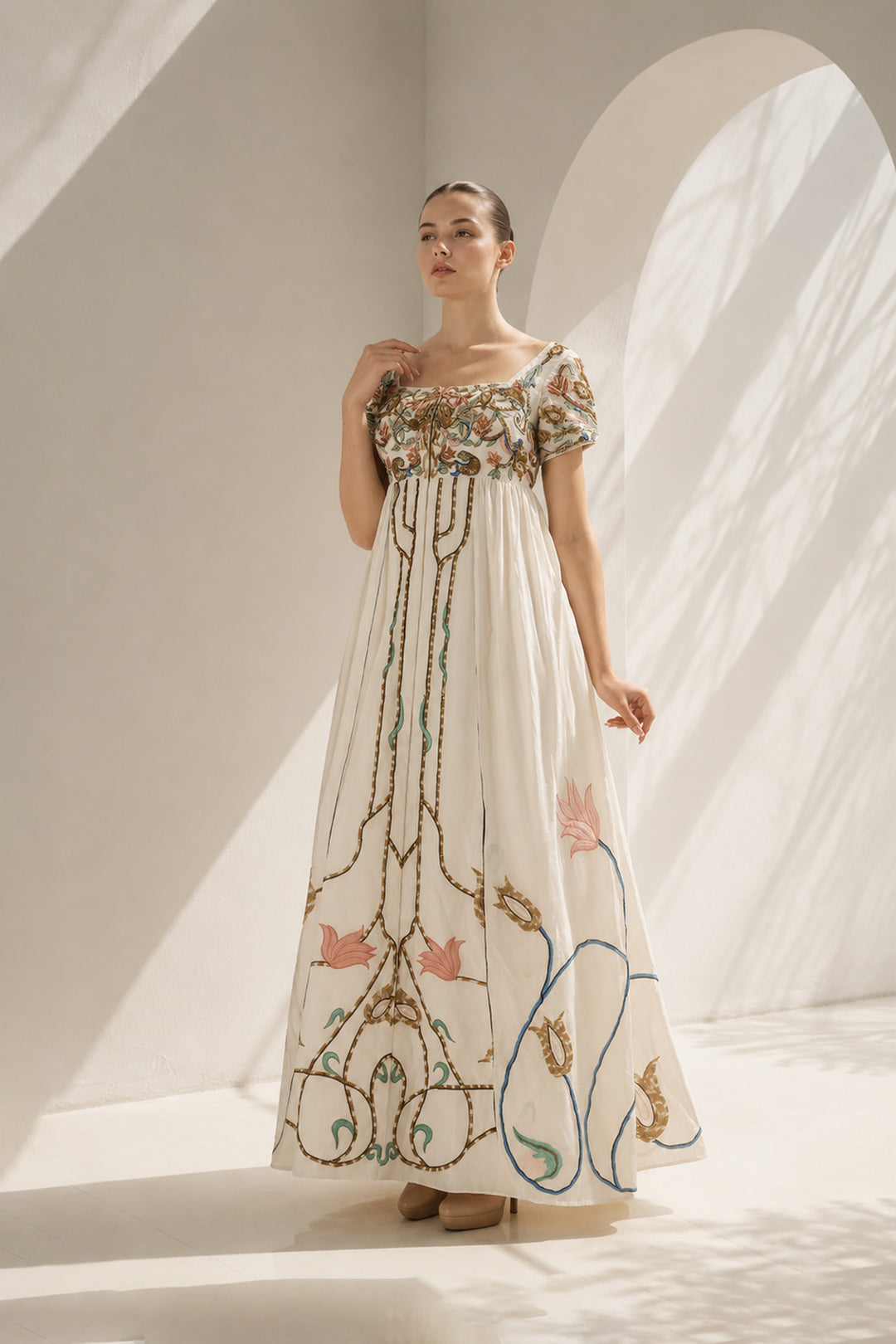 Ivory high-waisted embroidered empire gown