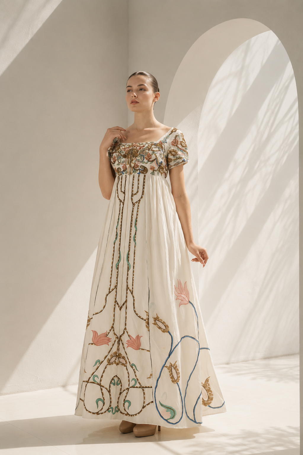 Ivory high-waisted embroidered empire gown