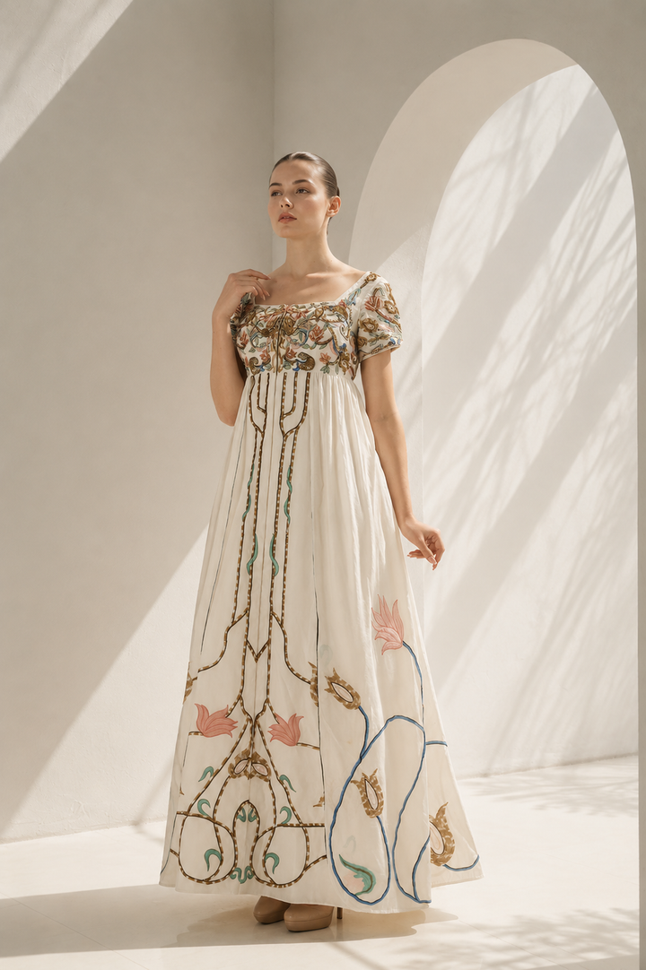 Ivory high-waisted embroidered empire gown