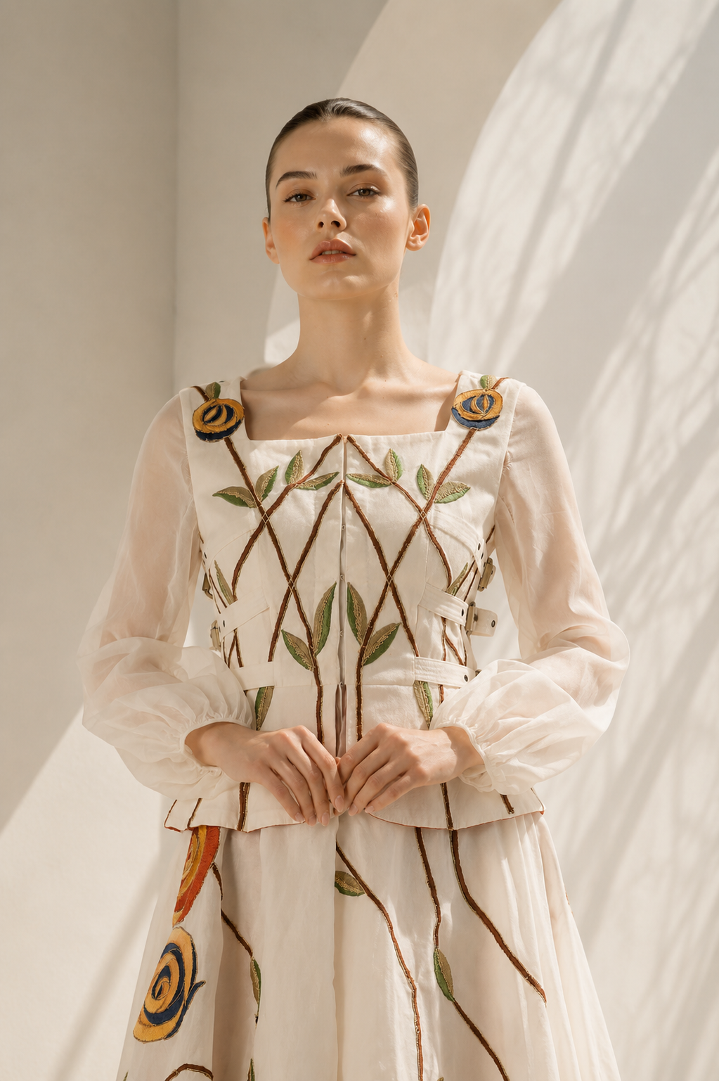 Asymmetric Floral Embroidered Dress