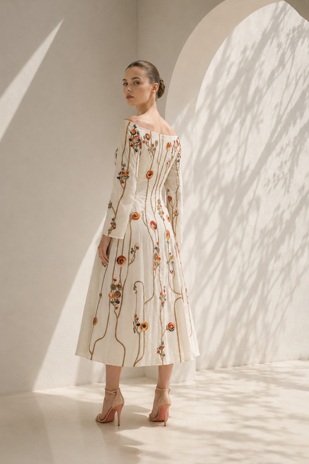 Ivory Dress With Floral Trumpet Sleeves