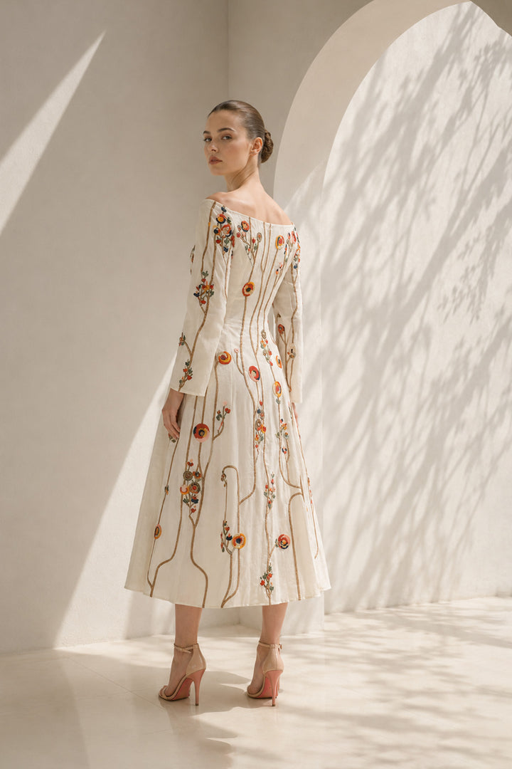 Ivory Dress With Floral Trumpet Sleeves