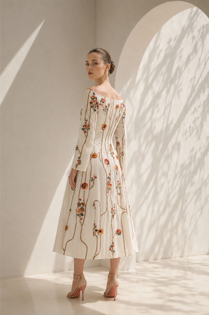 Ivory Dress With Floral Trumpet Sleeves