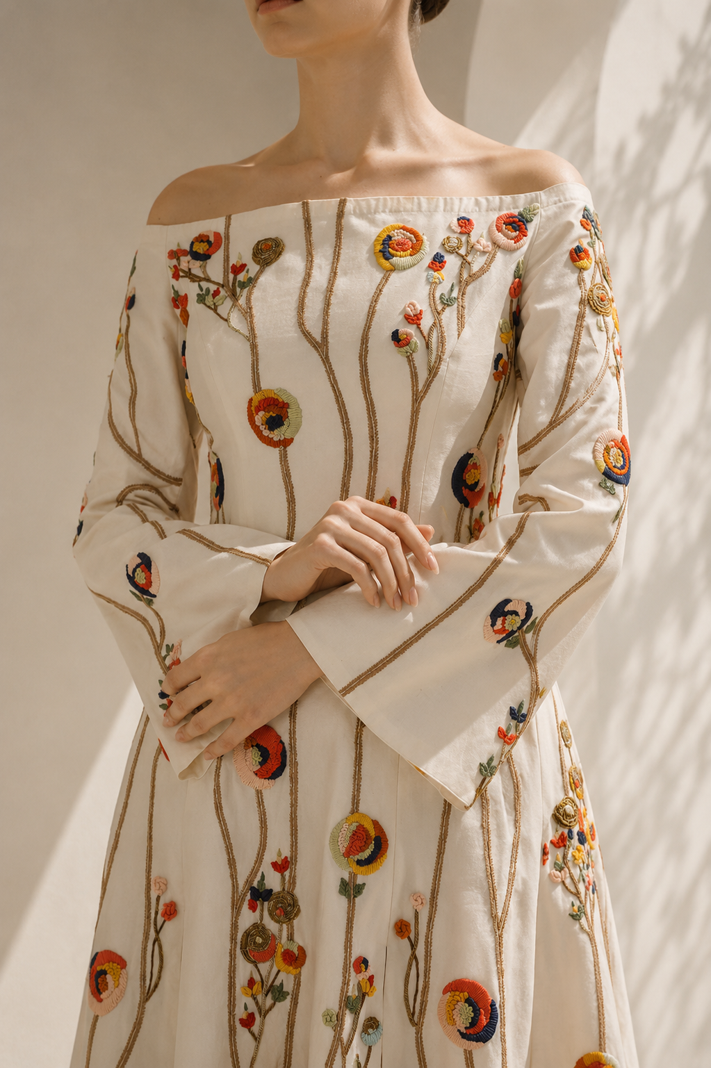 Ivory Dress With Floral Trumpet Sleeves