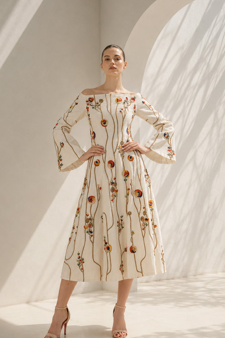 Ivory Dress With Floral Trumpet Sleeves