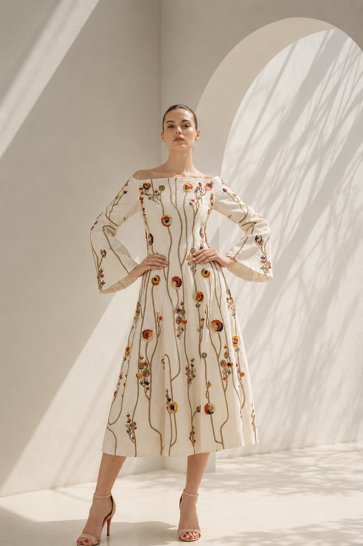 Ivory Dress With Floral Trumpet Sleeves