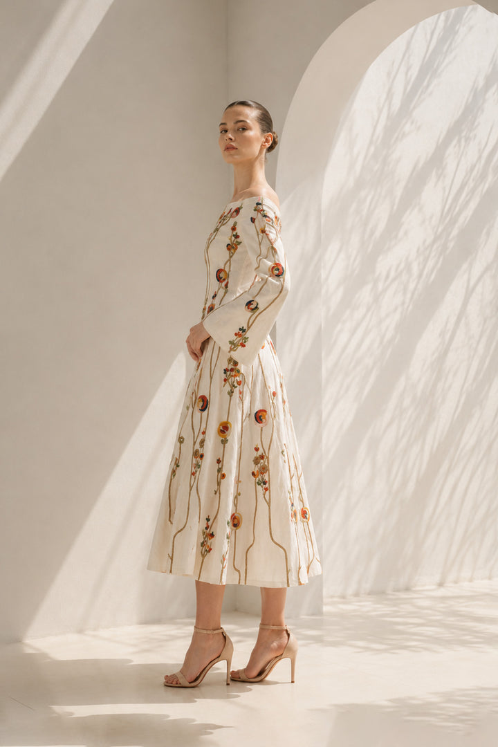 Ivory Dress With Floral Trumpet Sleeves