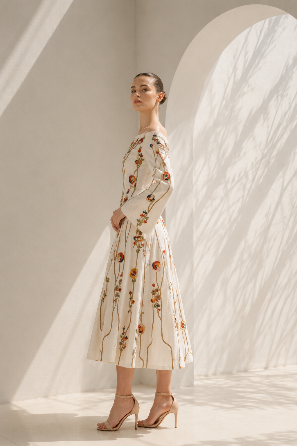 Ivory Dress With Floral Trumpet Sleeves