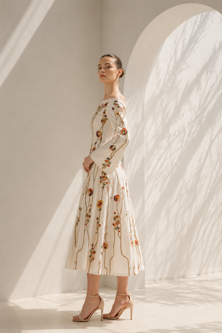 Ivory Dress With Floral Trumpet Sleeves