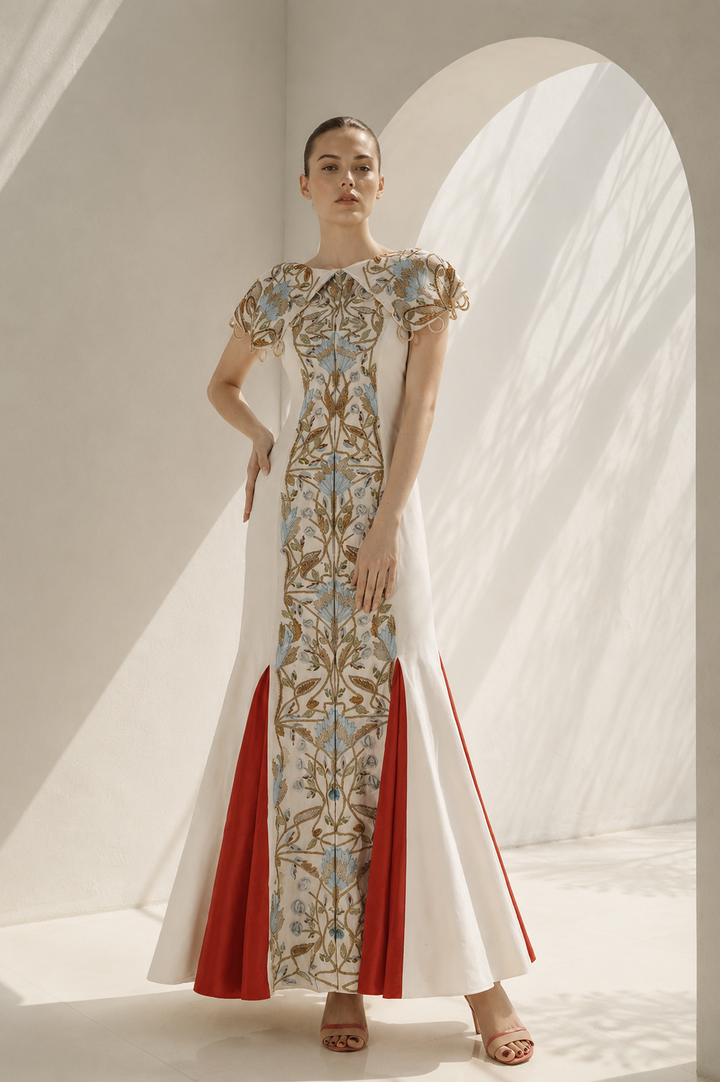 Ivory Gown With Vibrant Red Accents