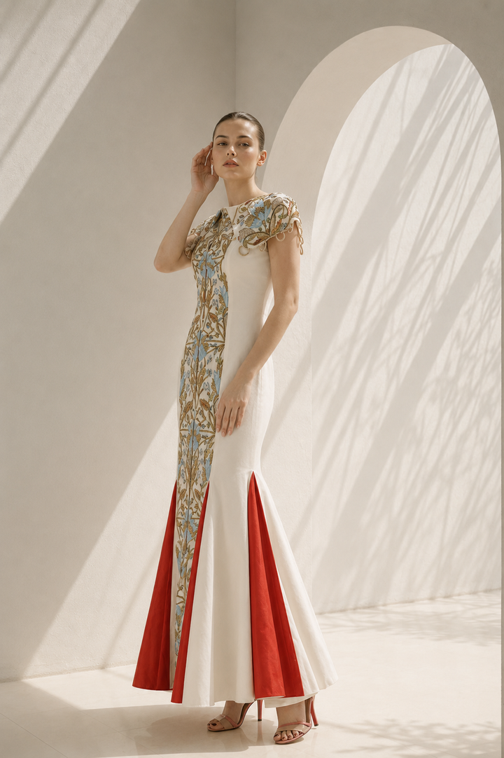 Ivory Gown With Vibrant Red Accents