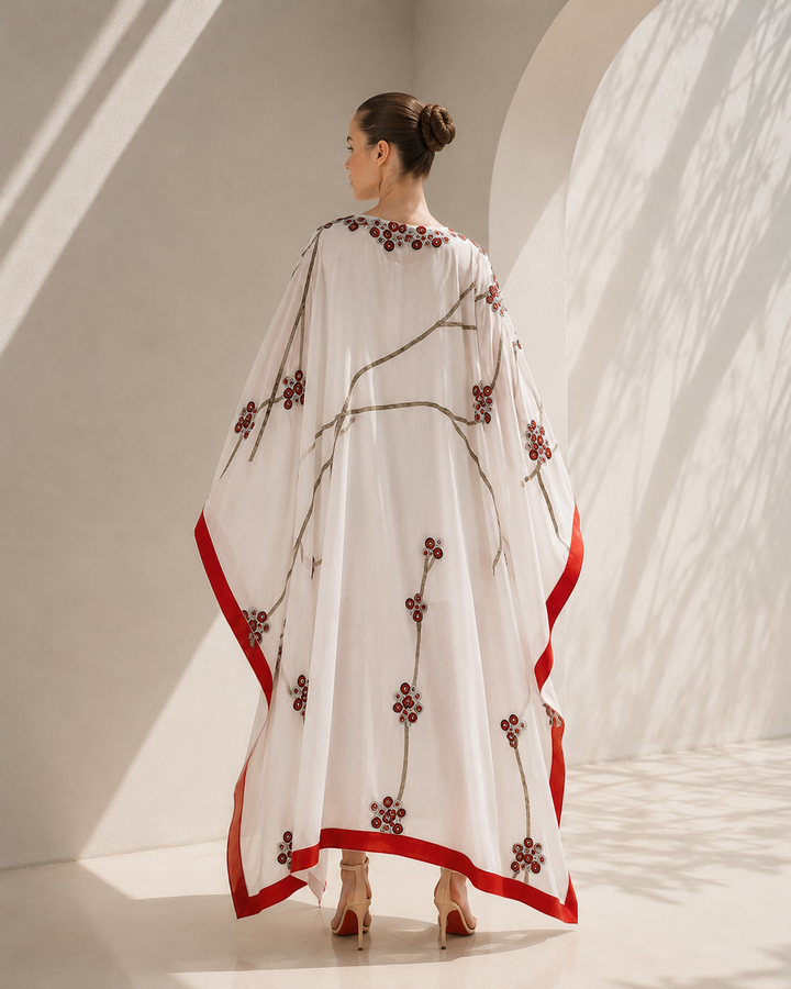 Ivory Kaftan With Red Border Elegance