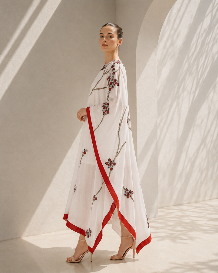 Ivory Kaftan With Red Border Elegance