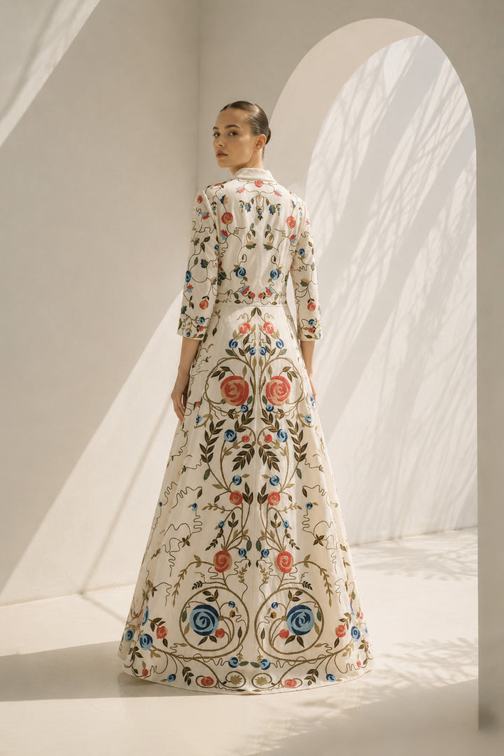 Ivory Gown With Collared Floral Elegance