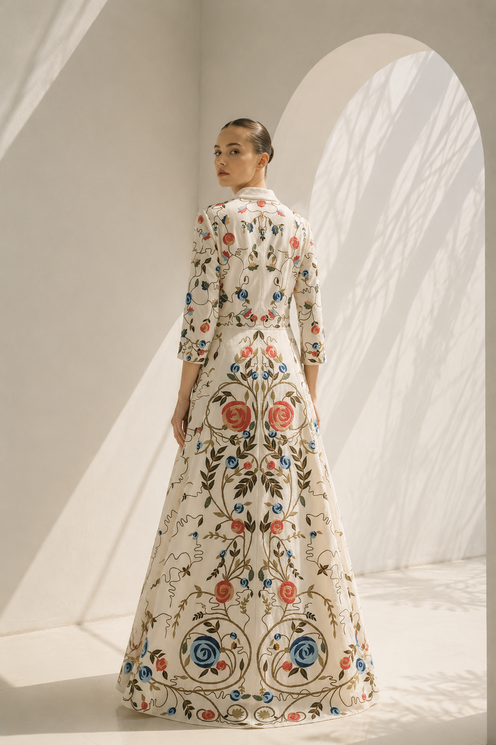 Ivory Gown With Collared Floral Elegance
