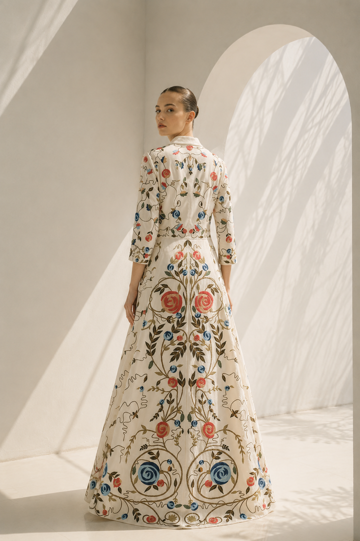 Ivory Gown With Collared Floral Elegance