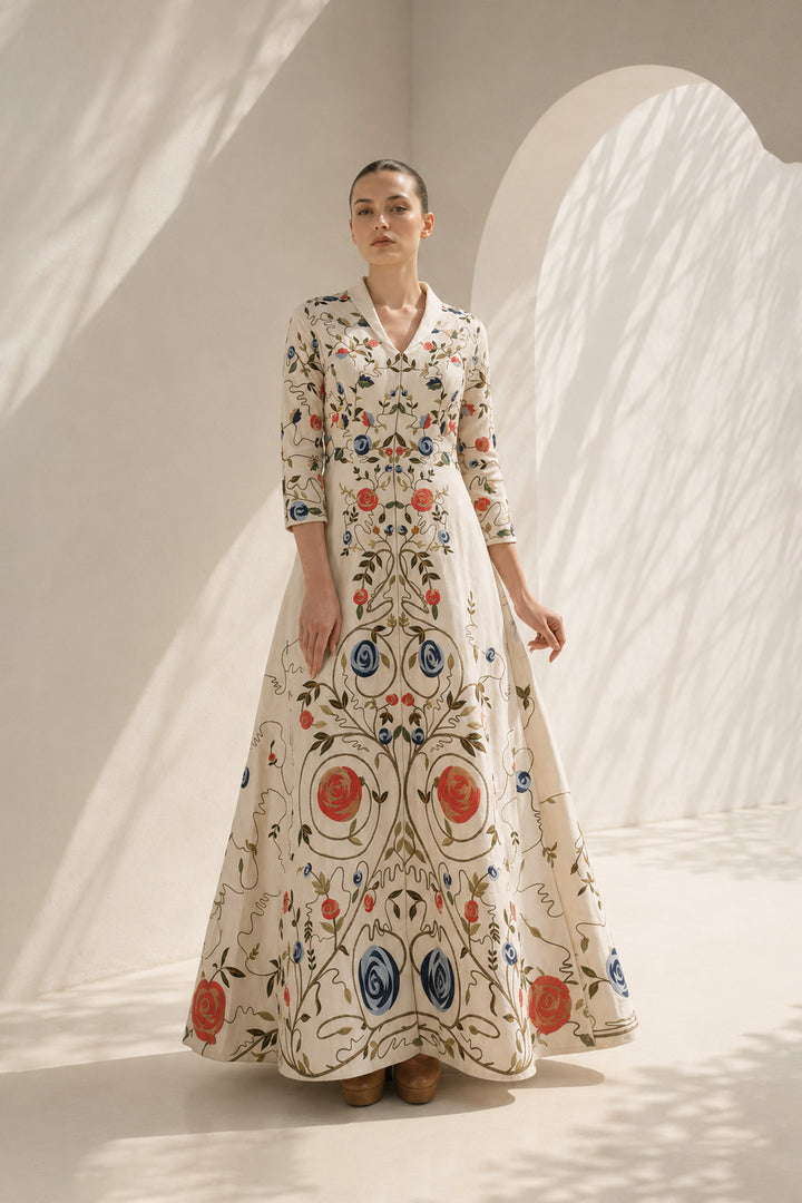 Ivory Gown With Collared Floral Elegance